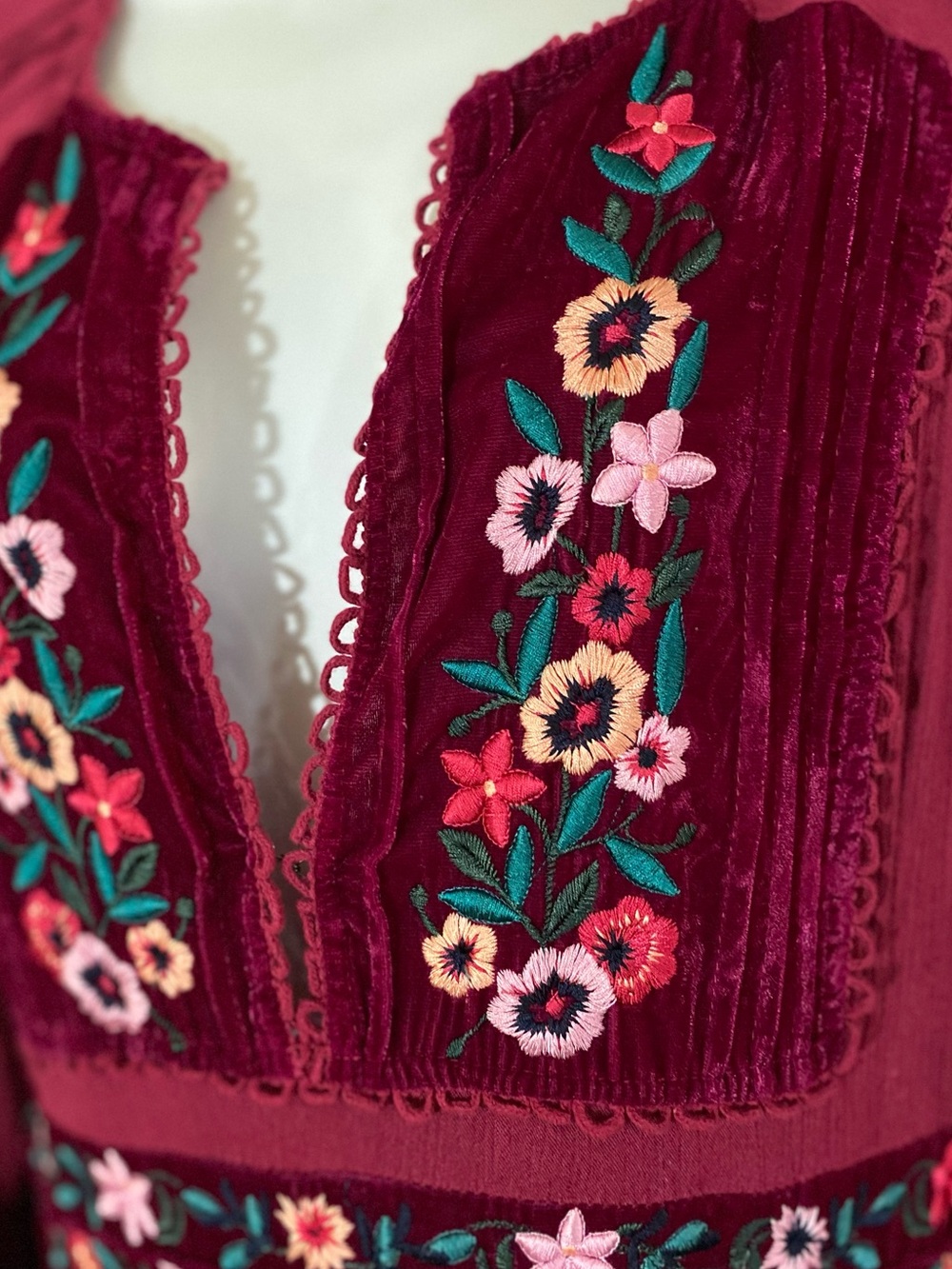 Free People Floral Embroidered Folk Gauzey Midi Dress S Cranberry Red Peasant - Picture 7 of 14